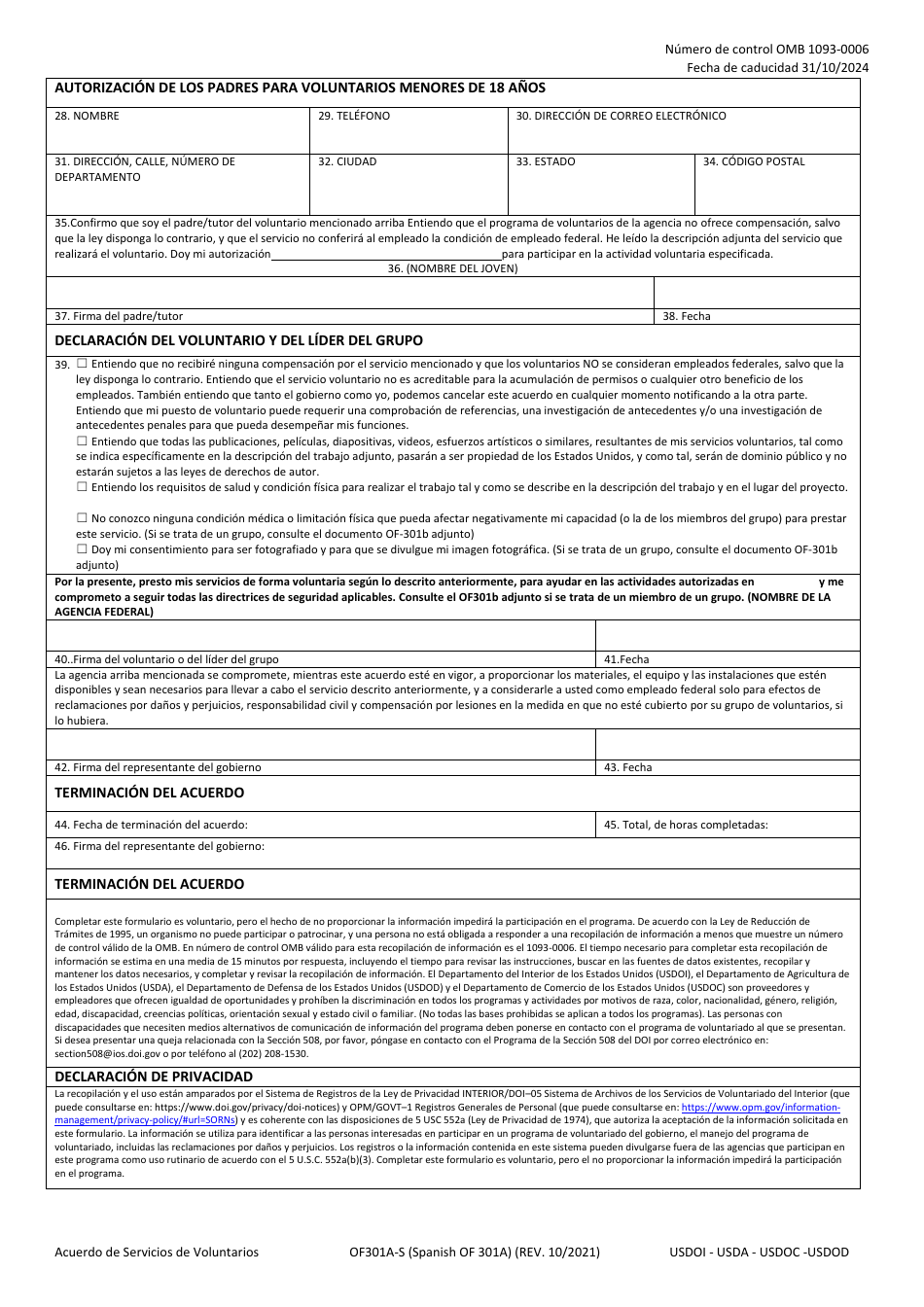 Form OF-301A-S Acuerdo De Servicio Voluntario - Recursos Naturales Y Culturales, Page 2