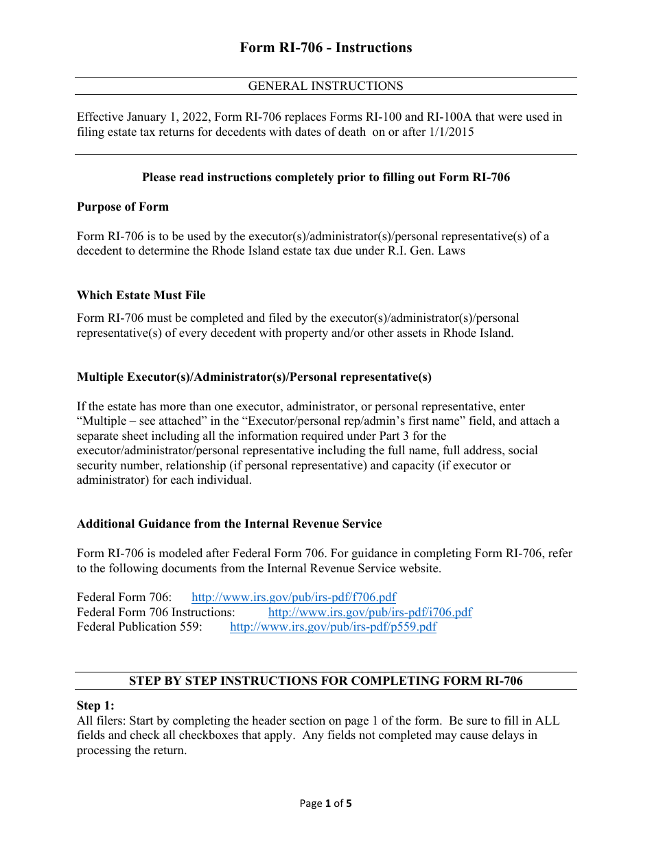 Instructions for Form RI-706 Estate Tax Return - Date of Death on or After 1 / 1 / 2015 - Rhode Island, Page 1