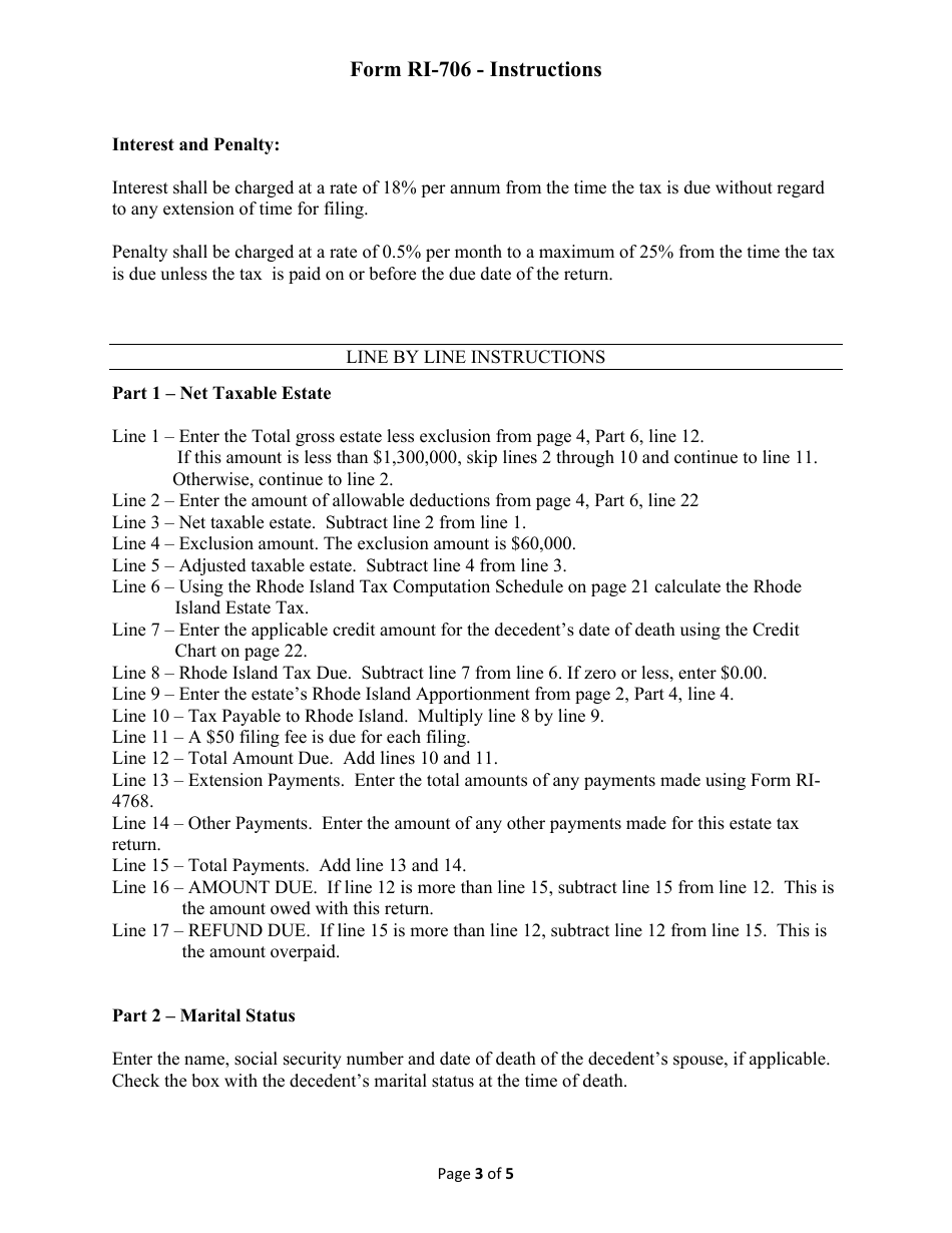 Instructions for Form RI-706 Estate Tax Return - Date of Death on or After 1 / 1 / 2015 - Rhode Island, Page 3