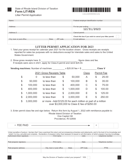 Form LIT-REN Litter Permit Application - Rhode Island, 2023