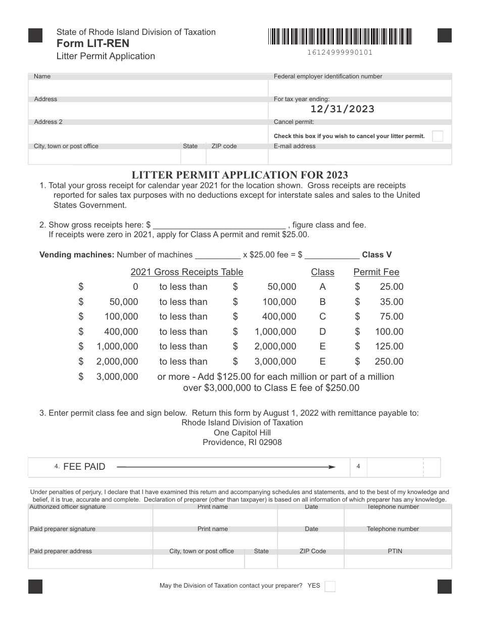 Form LIT-REN Litter Permit Application - Rhode Island, Page 1
