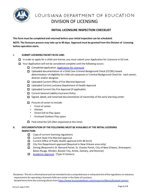 Initial Licensure Inspection Checklist - Louisiana Download Pdf