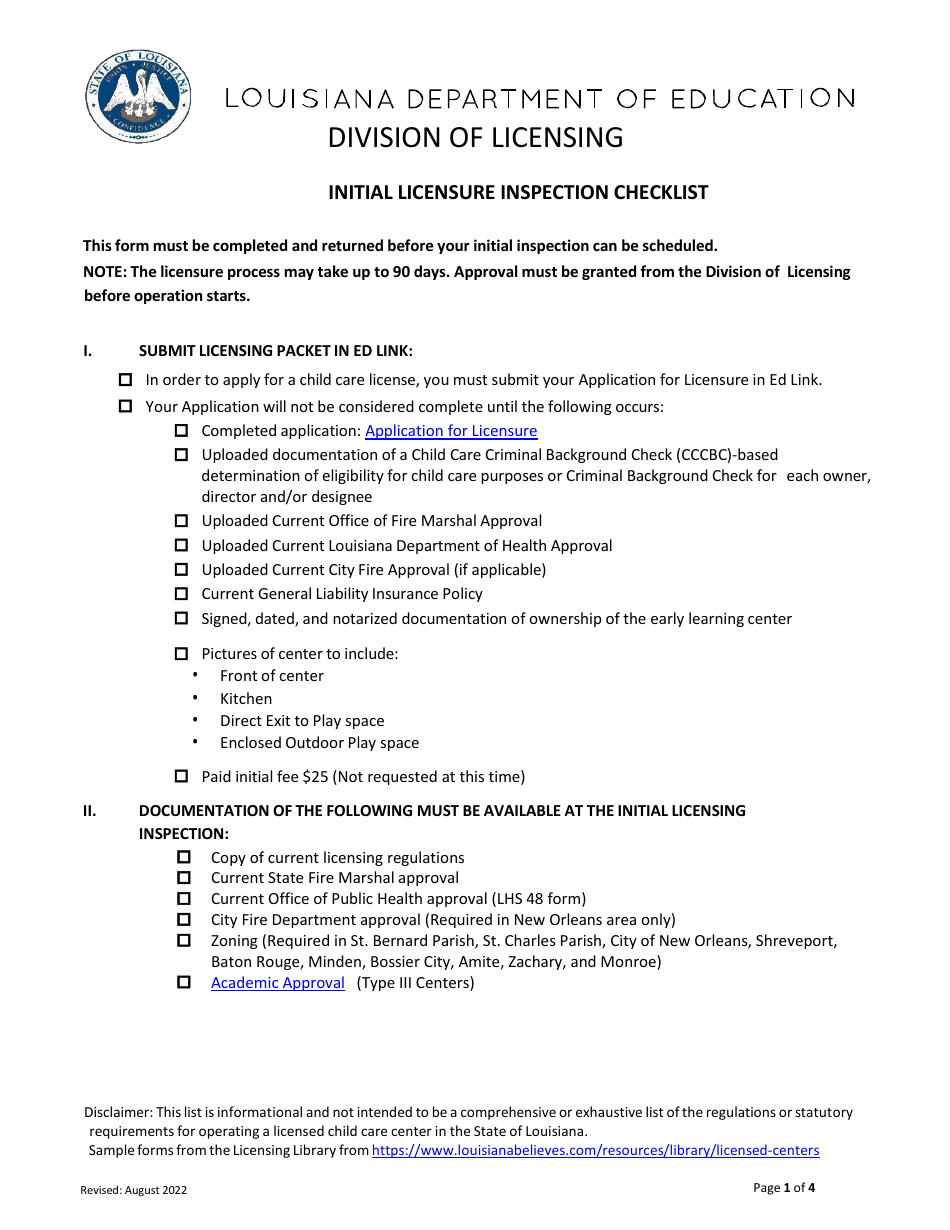 Initial Licensure Inspection Checklist - Louisiana, Page 1