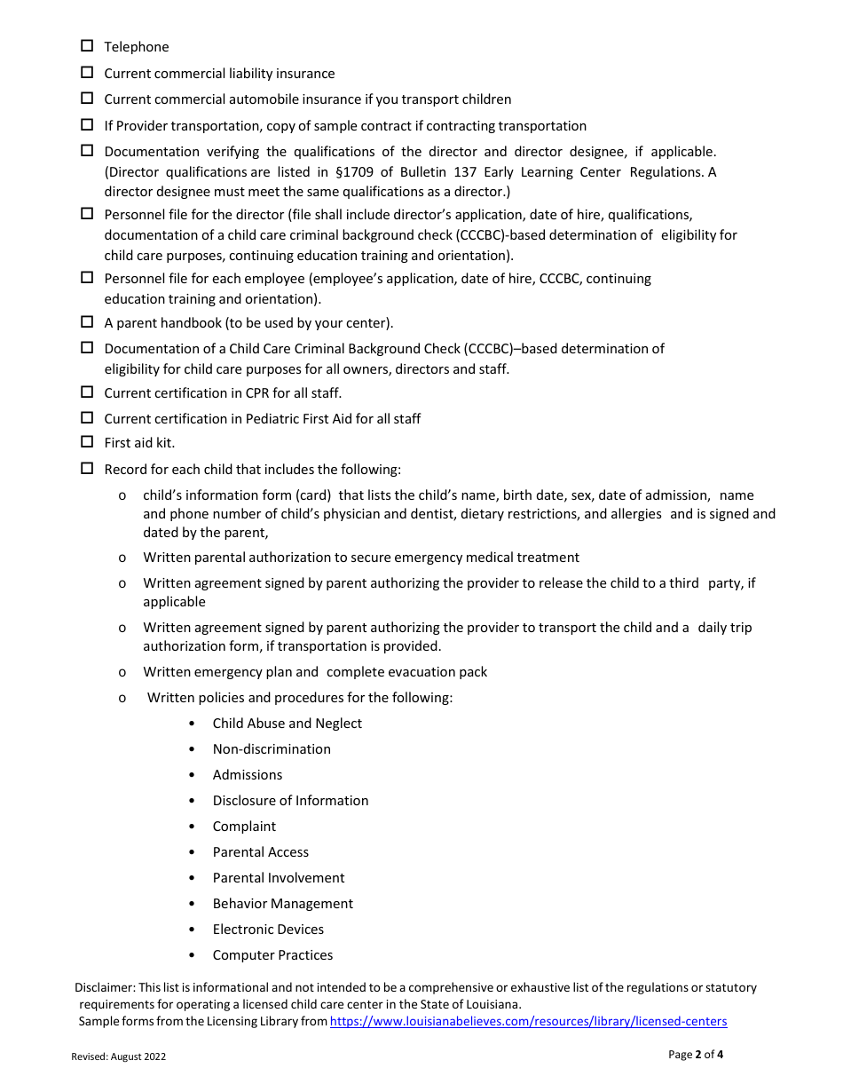 Initial Licensure Inspection Checklist - Louisiana, Page 2