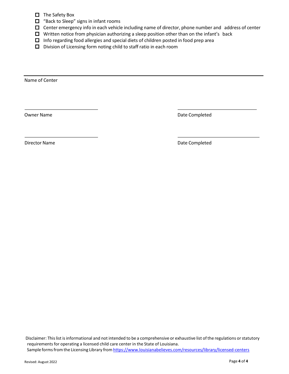 Initial Licensure Inspection Checklist - Louisiana, Page 4