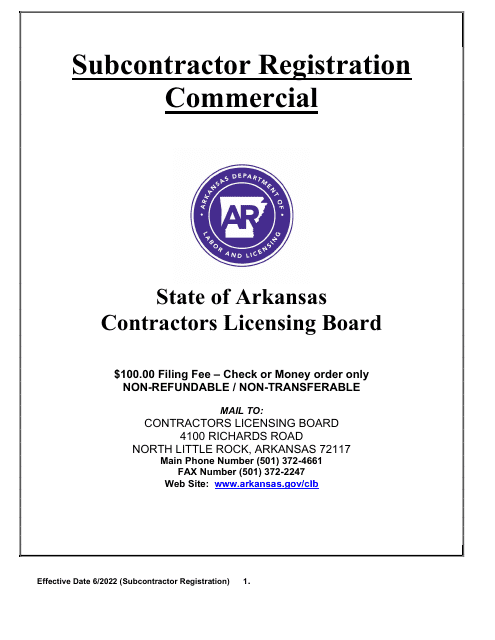 Commercial Subcontractor Registration Application - Arkansas Download Pdf