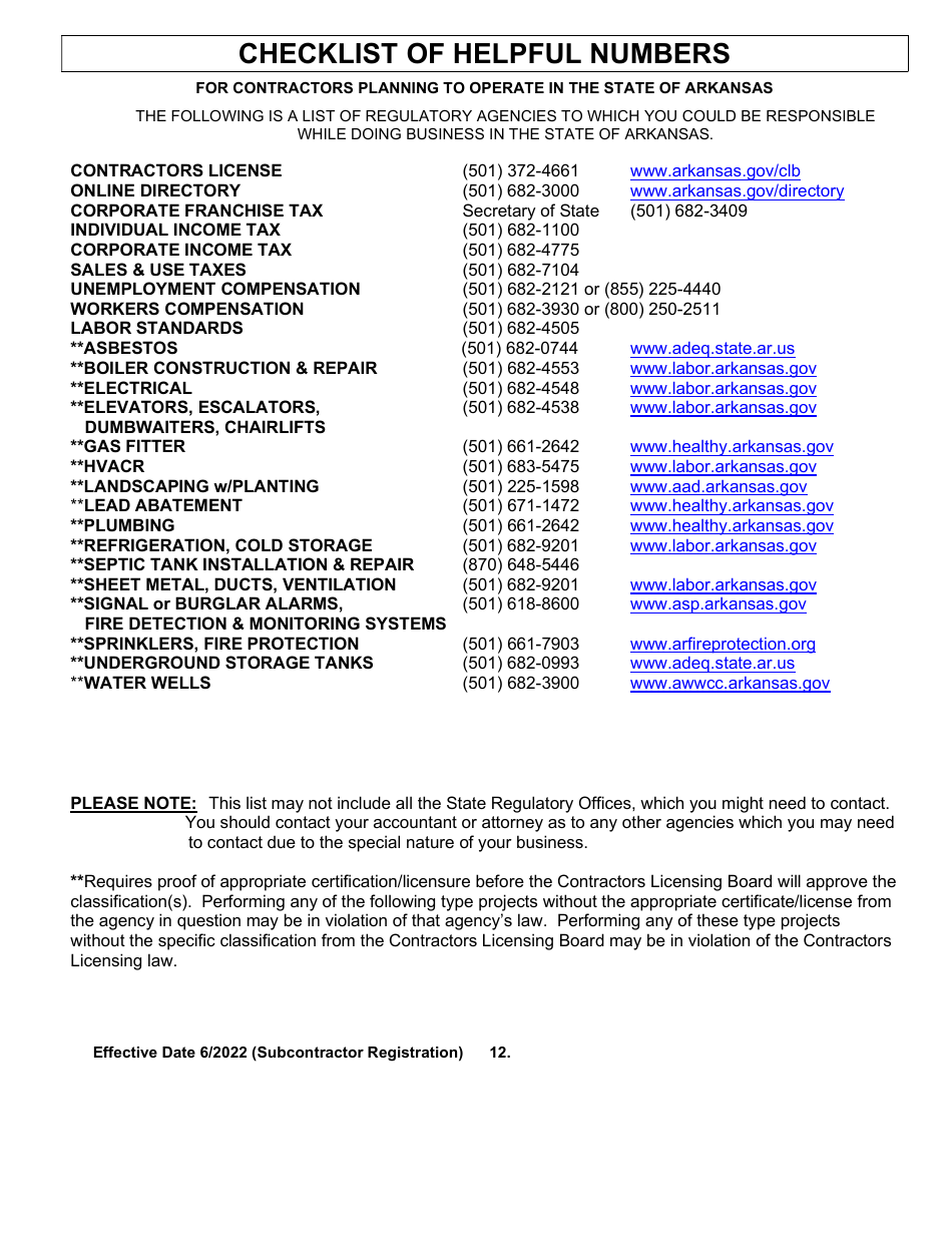 Commercial Subcontractor Registration Application - Arkansas, Page 12