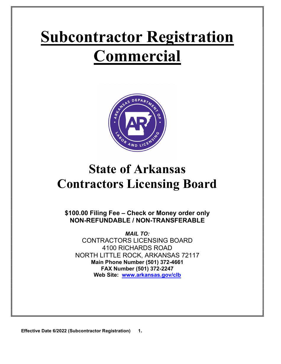 Commercial Subcontractor Registration Application - Arkansas, Page 1