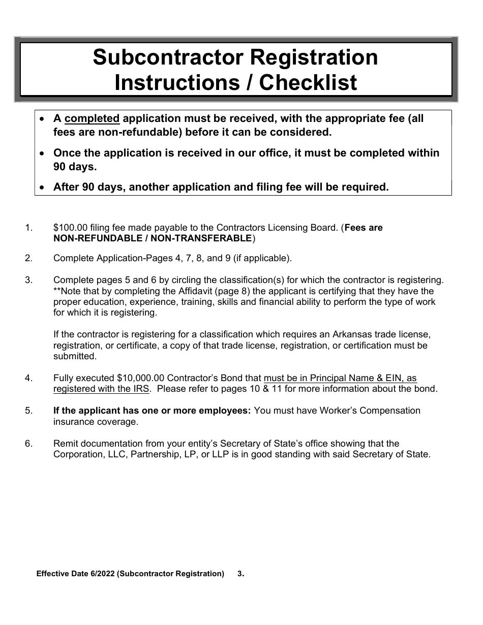 Commercial Subcontractor Registration Application - Arkansas, Page 3