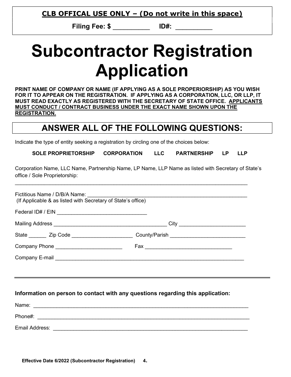 Commercial Subcontractor Registration Application - Arkansas, Page 4