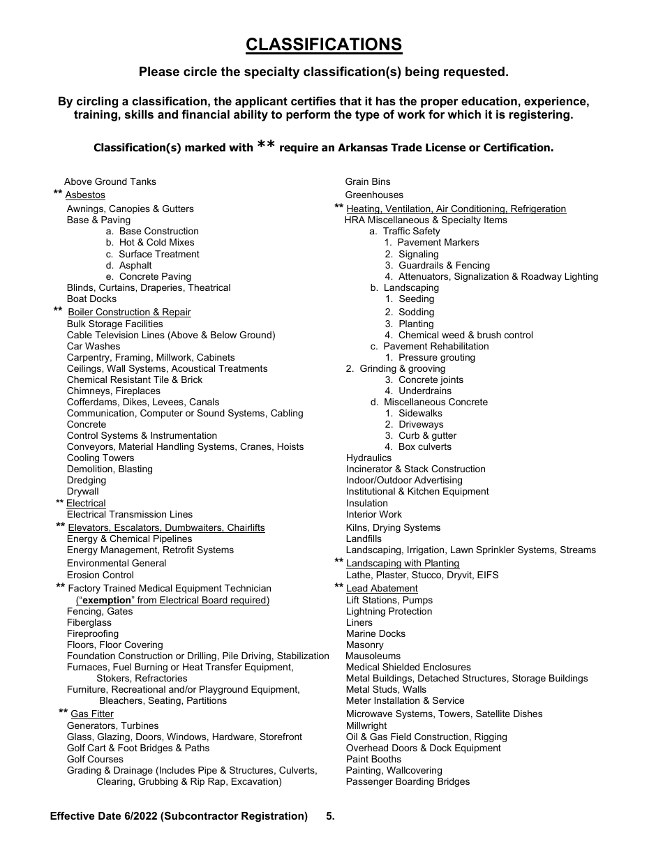 Commercial Subcontractor Registration Application - Arkansas, Page 5