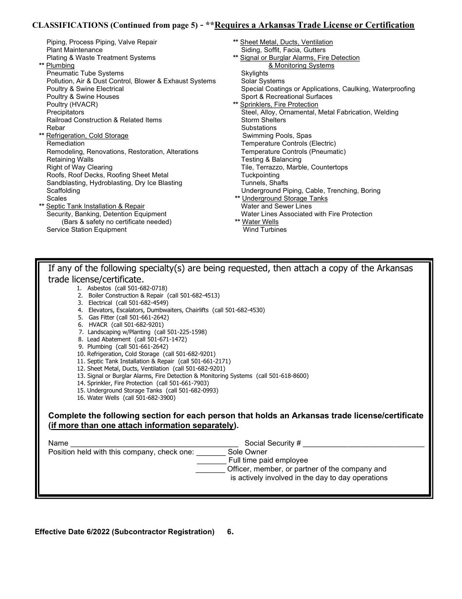 Commercial Subcontractor Registration Application - Arkansas, Page 6