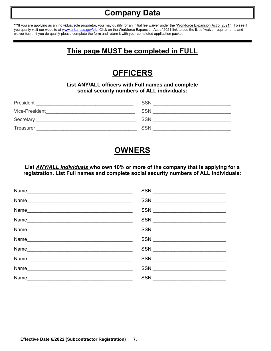 Commercial Subcontractor Registration Application - Arkansas, Page 7