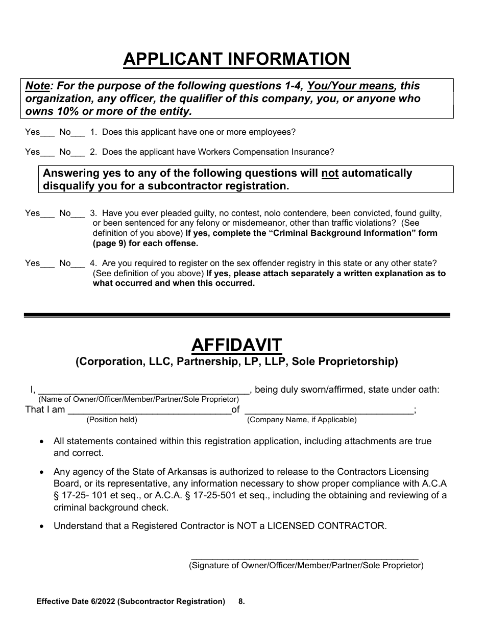 Arkansas Commercial Subcontractor Registration Application Fill Out, Sign Online and Download