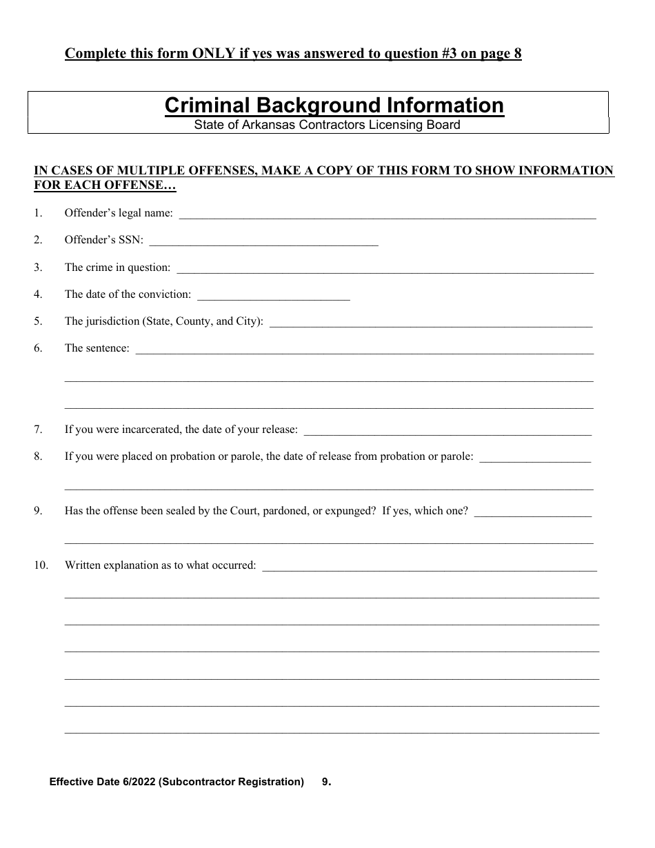 Commercial Subcontractor Registration Application - Arkansas, Page 9