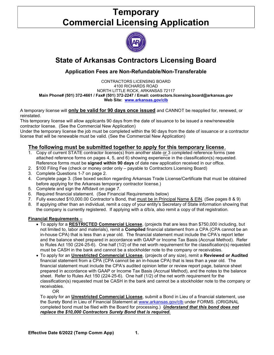 Temporary Commercial Licensing Application - Arkansas, Page 1