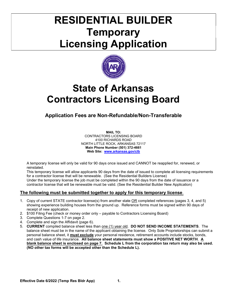 Temporary Residential Builder License Application - Arkansas, Page 1