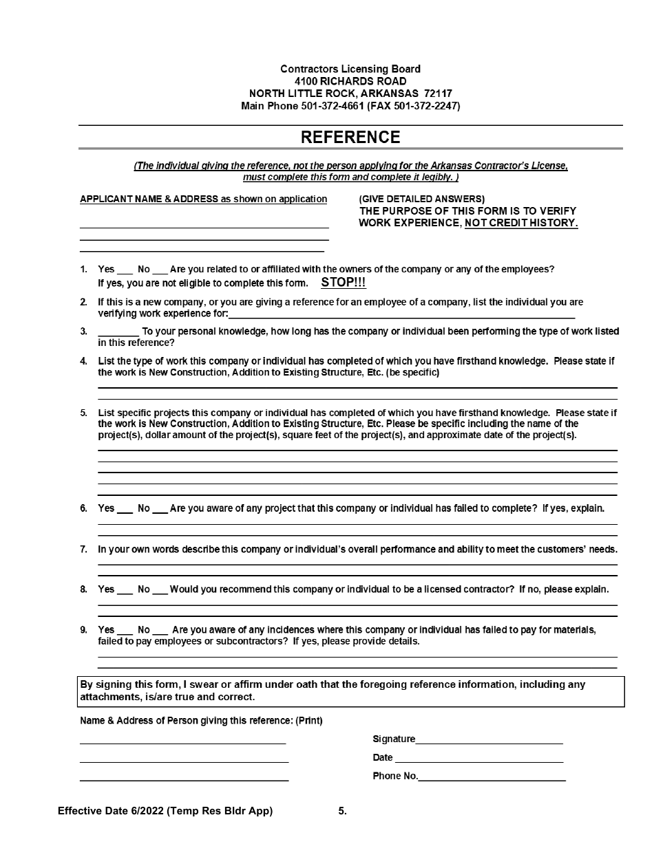 Temporary Residential Builder License Application - Arkansas, Page 5