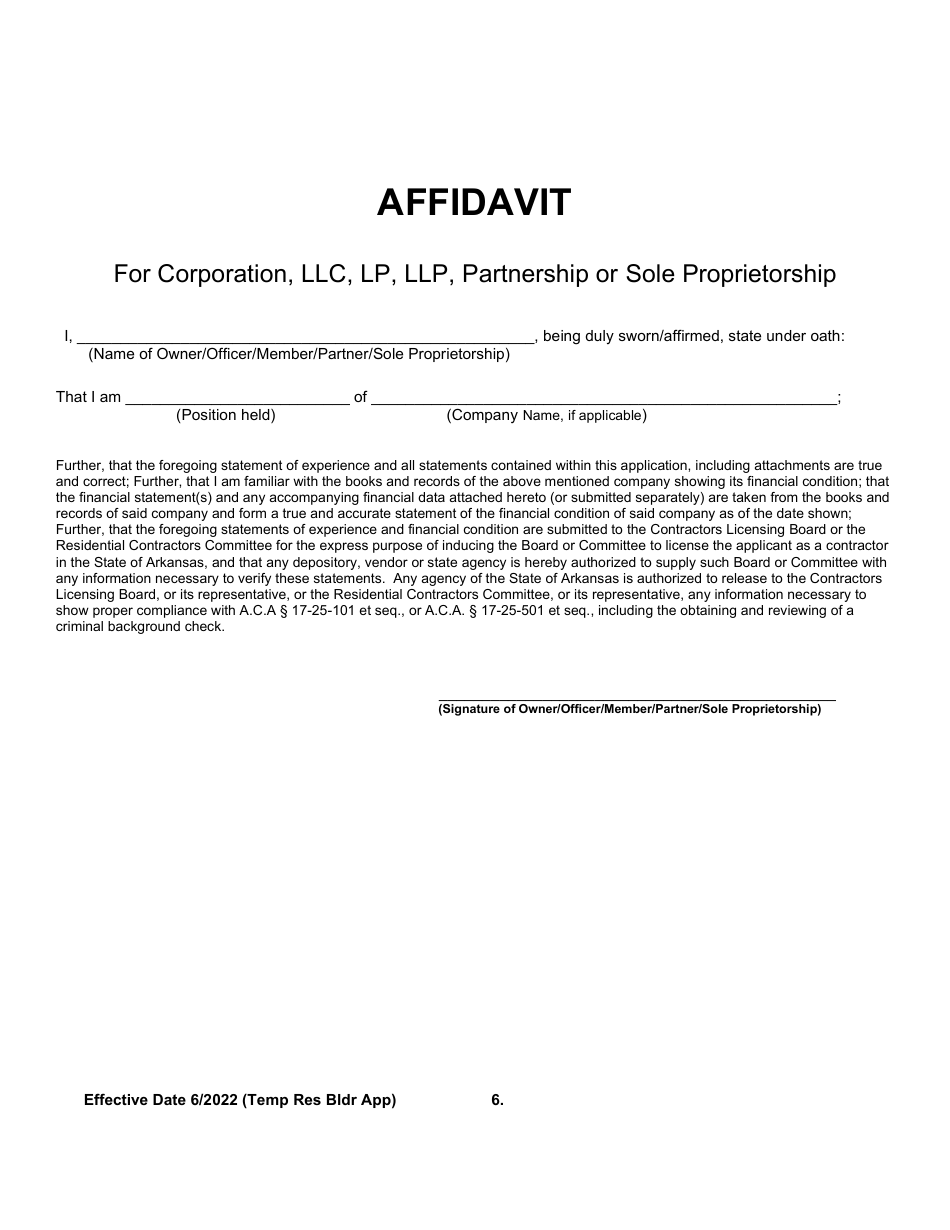 Temporary Residential Builder License Application - Arkansas, Page 6