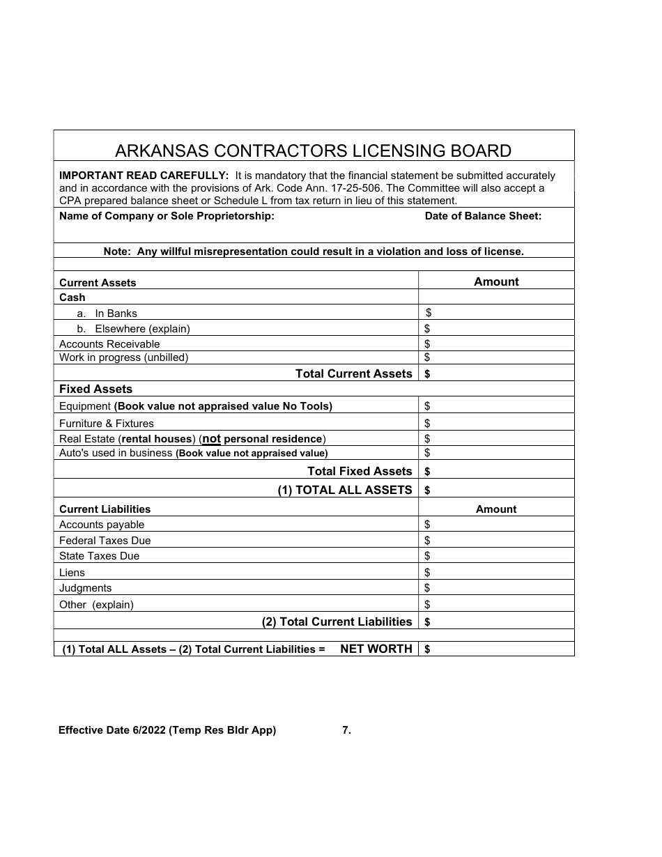 Temporary Residential Builder License Application - Arkansas, Page 7