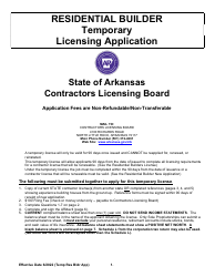 Document preview: Temporary Residential Builder License Application - Arkansas