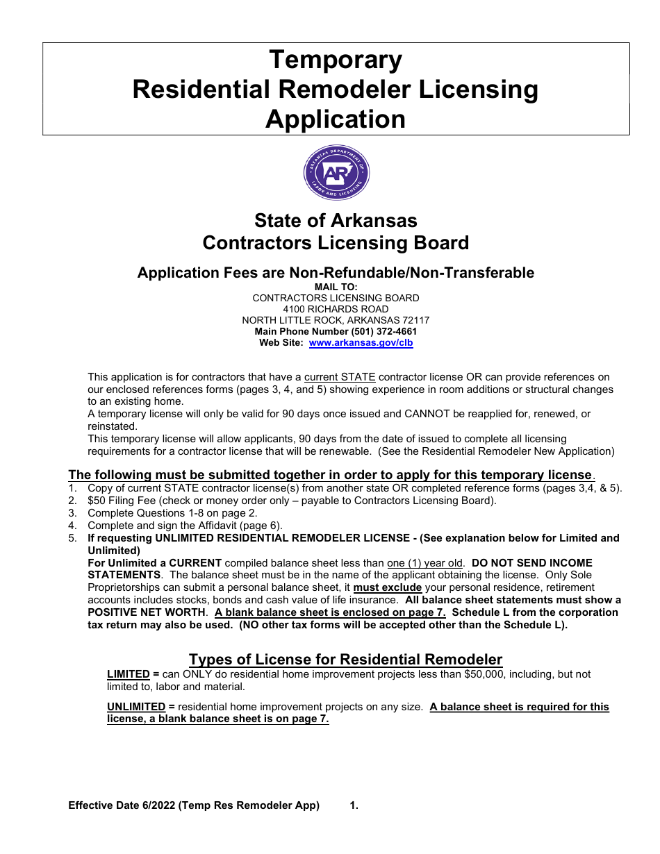 Temporary Residential Remodeler Licensing Application - Arkansas, Page 1