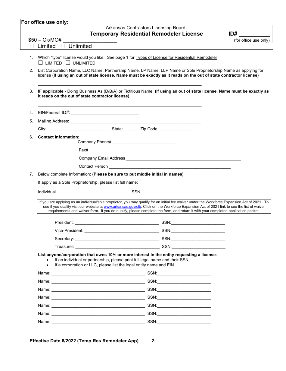 Temporary Residential Remodeler Licensing Application - Arkansas, Page 2