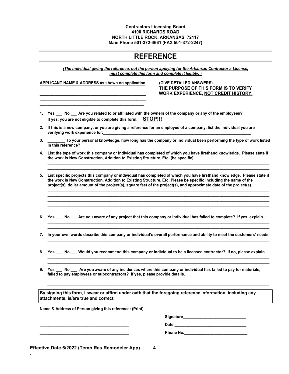 Temporary Residential Remodeler Licensing Application - Arkansas, Page 4