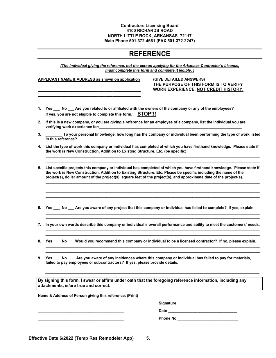 Temporary Residential Remodeler Licensing Application - Arkansas, Page 5