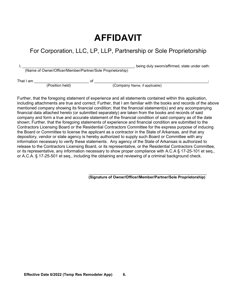 Temporary Residential Remodeler Licensing Application - Arkansas, Page 6