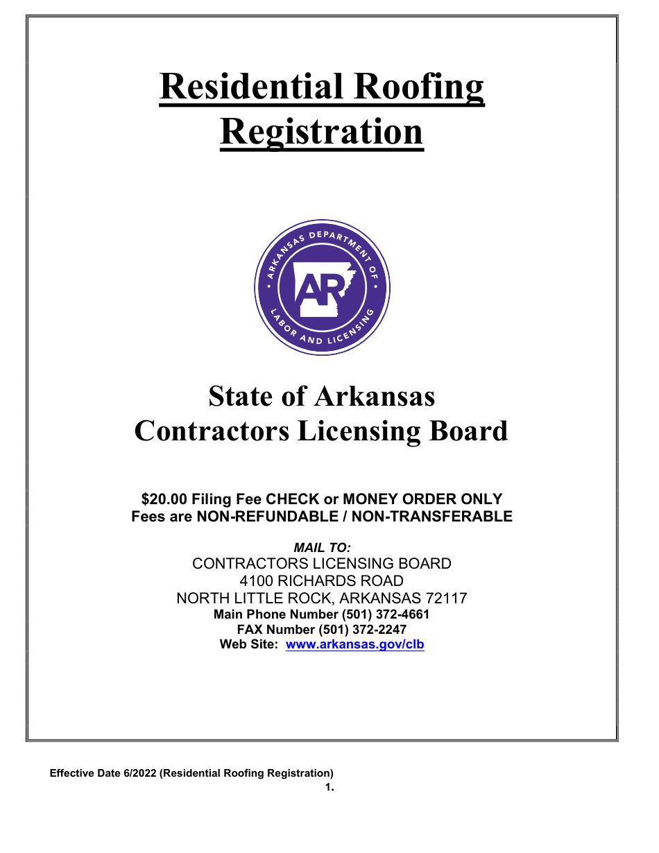 Residential Roofing Registration - Arkansas, Page 1