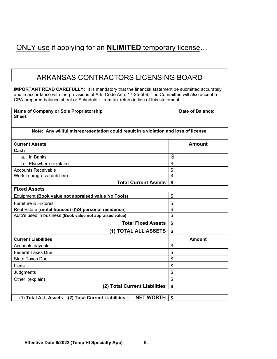 Temporary Home Improvement Specialty Licensing Application - Arkansas, Page 7