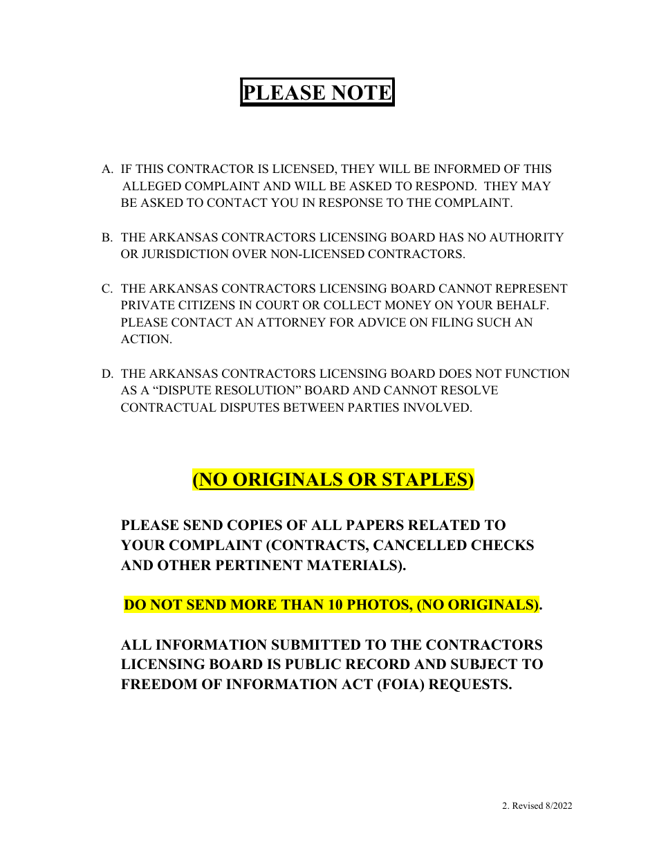 Complaint Form - Arkansas, Page 2