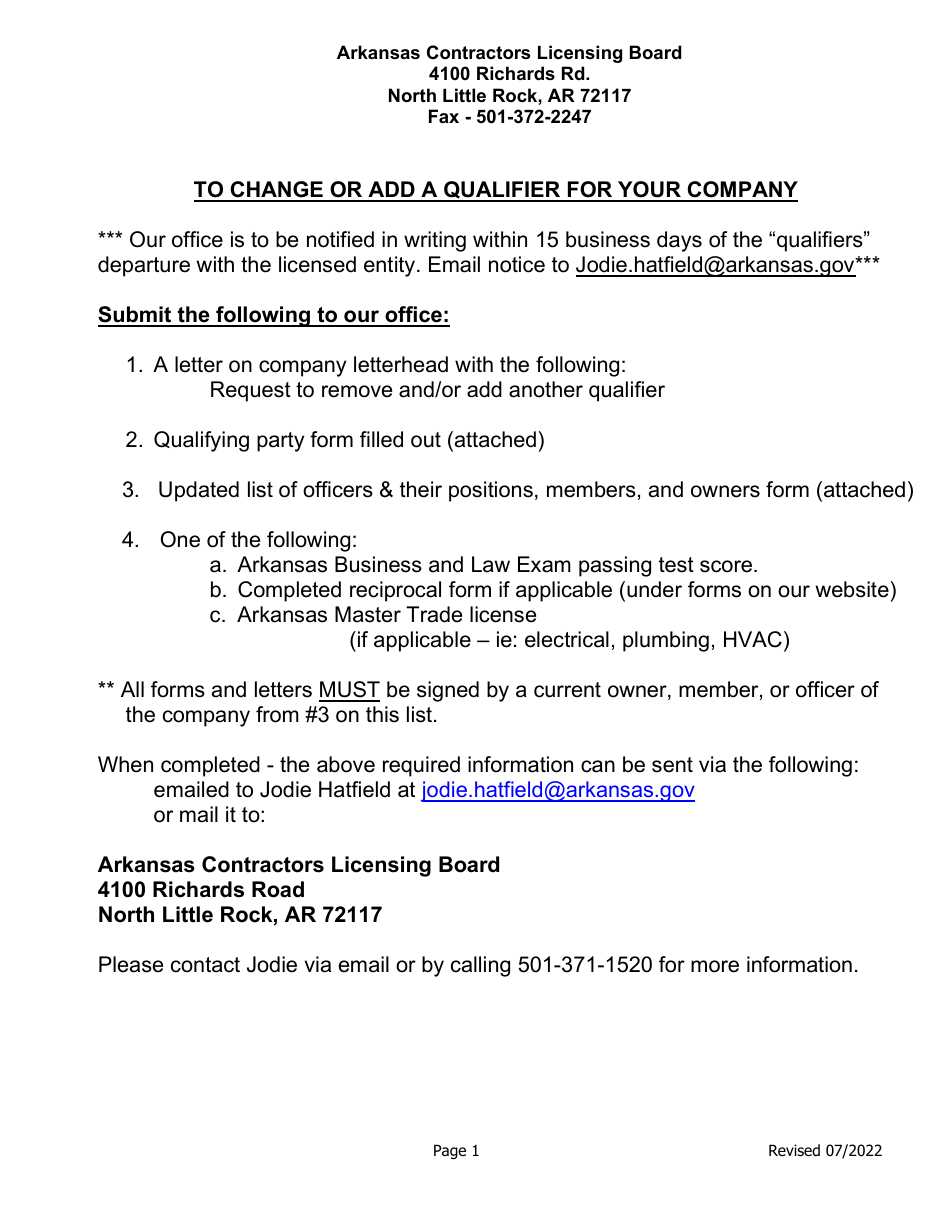 Arkansas Qualifier Change Form Download Printable PDF Templateroller