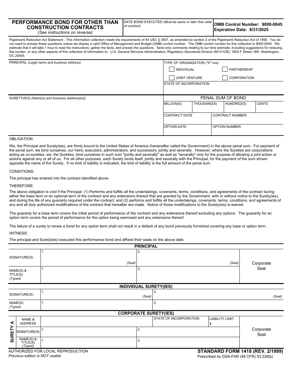 Form SF-1418 Performance Bond for Other Than Construction Contracts, Page 1