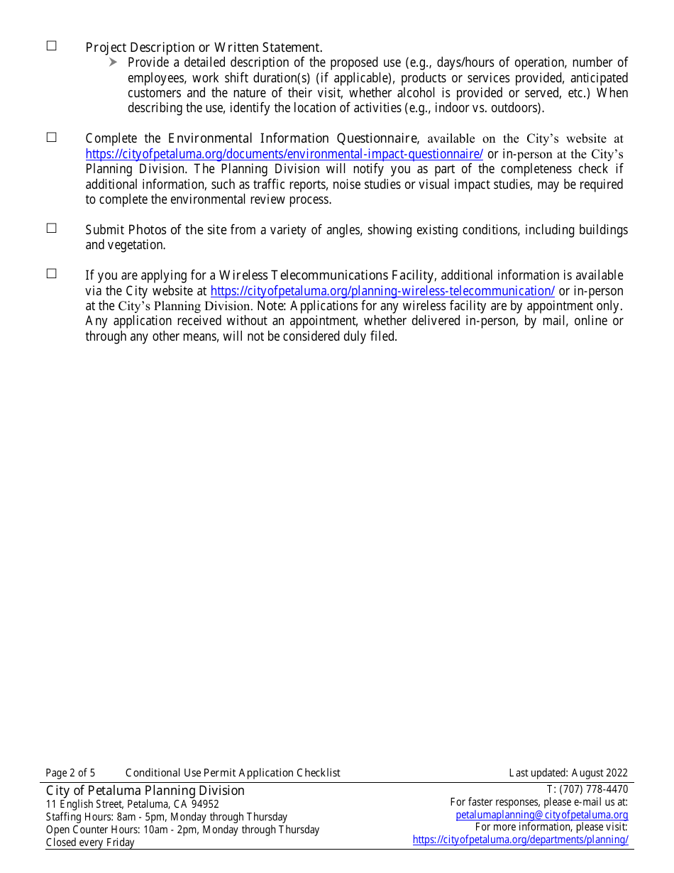 Conditional Use Permit Application Checklist  Information Handout - City of Petaluma, California, Page 2