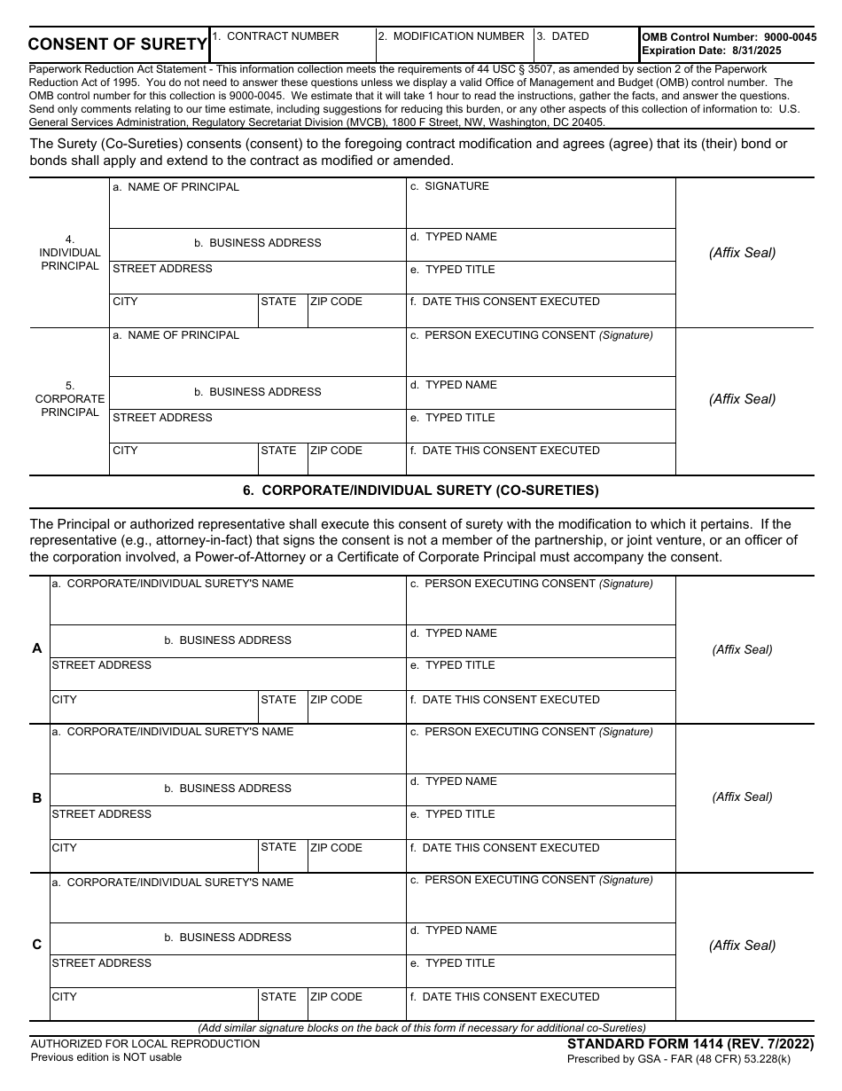 Form SF-1414 Consent of Surety, Page 1