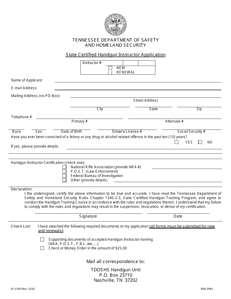 Form SF-1104 State Certified Handgun Instructor Application - Tennessee, Page 1