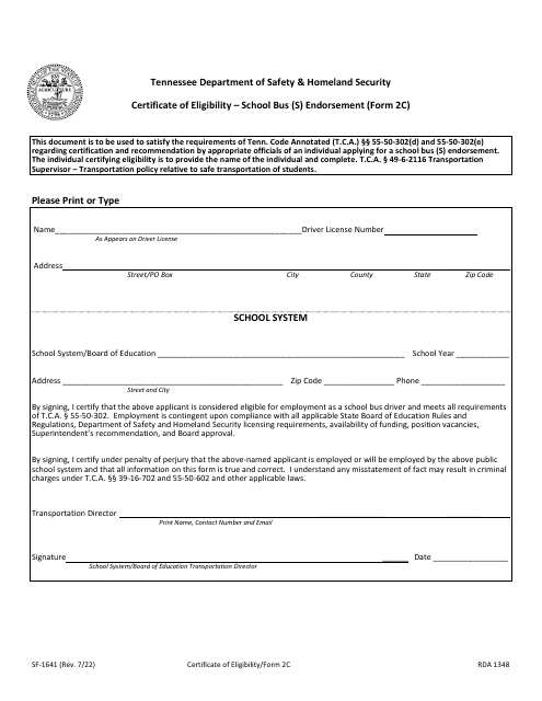 Form 2C (SF-1641) Certificate of Eligibility - School Bus (S) Endorsement - Tennessee