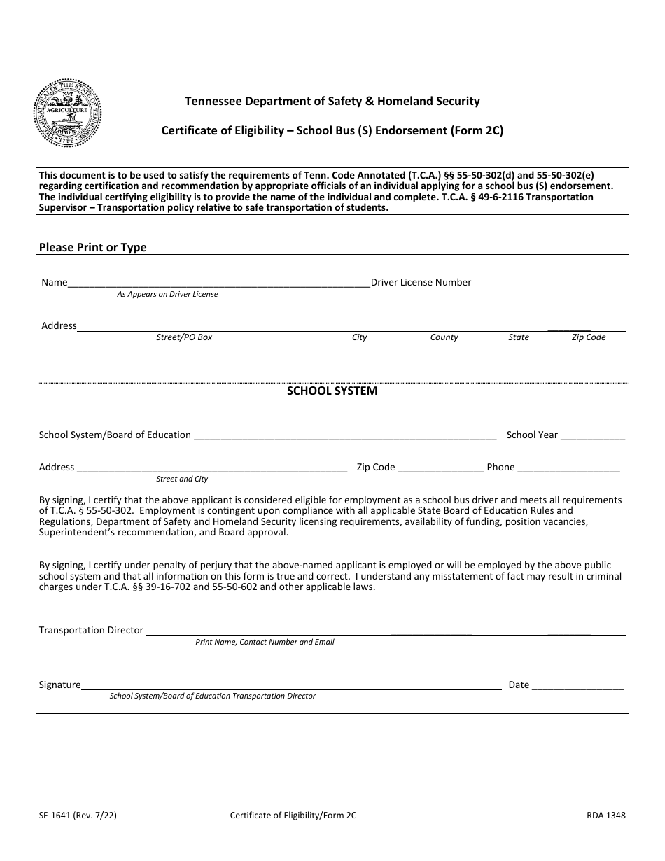 Form 2C (SF-1641) Certificate of Eligibility - School Bus (S) Endorsement - Tennessee, Page 1