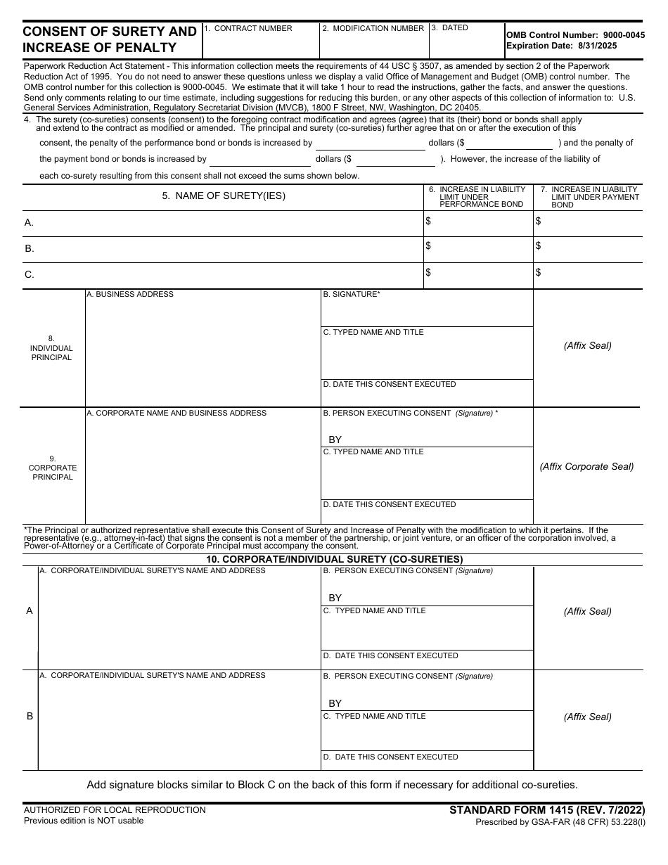 Form SF-1415 Consent of Surety and Increase of Penalty, Page 1