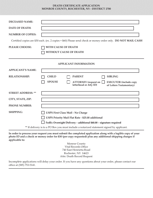 Death Certificate Application - New York Download Pdf