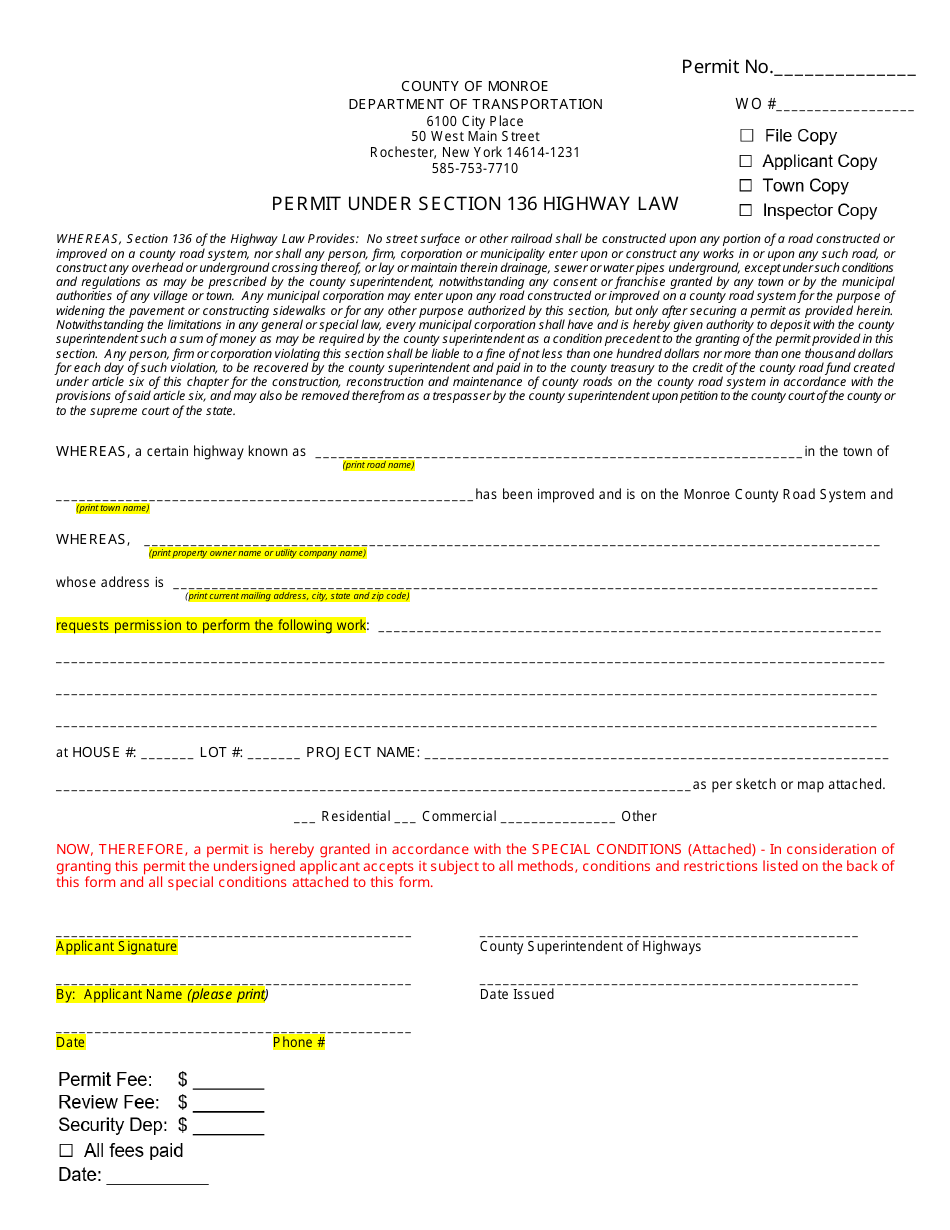 Permit Under Section 136 Highway Law - County of Monroe, New York, Page 1