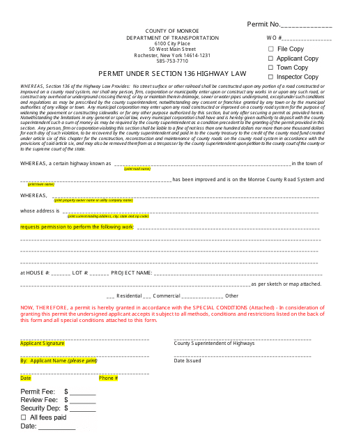 Permit Under Section 136 Highway Law - County of Monroe, New York Download Pdf