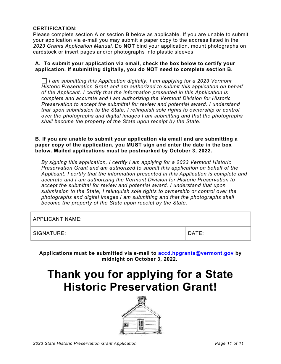 2023 Vermont Vermont Historic Preservation Grants Application Fill
