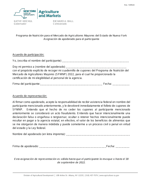 Asignacion De Apoderado Para El Participante - Programa De Nutricion Para El Mercado De Agricultores Mayores Del Estado De Nueva York - New York (Spanish) Download Pdf