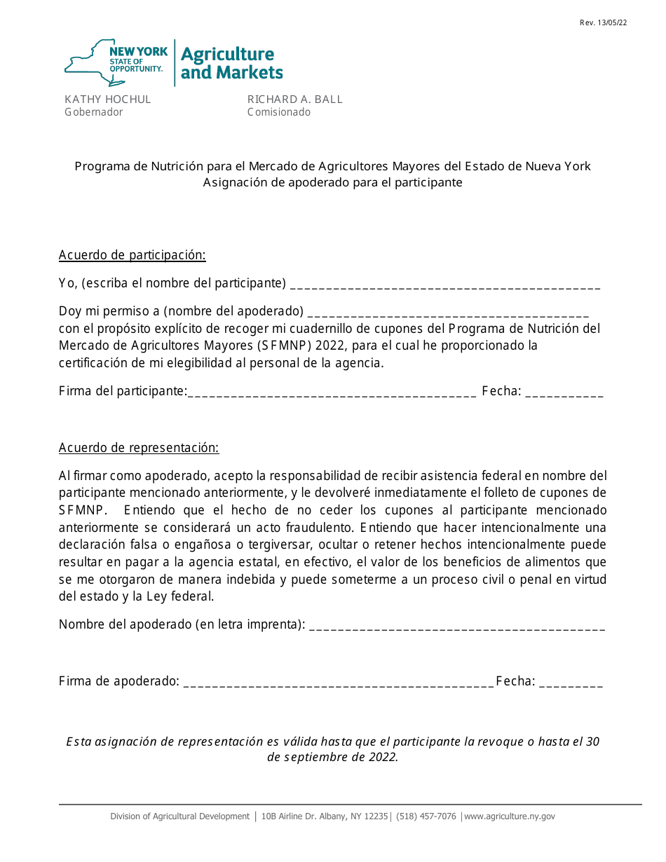 Asignacion De Apoderado Para El Participante - Programa De Nutricion Para El Mercado De Agricultores Mayores Del Estado De Nueva York - New York (Spanish), Page 1