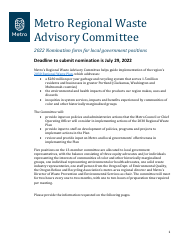 Metro Regional Waste Advisory Committee Nomination Form for Local Government Positions - Oregon, 2022