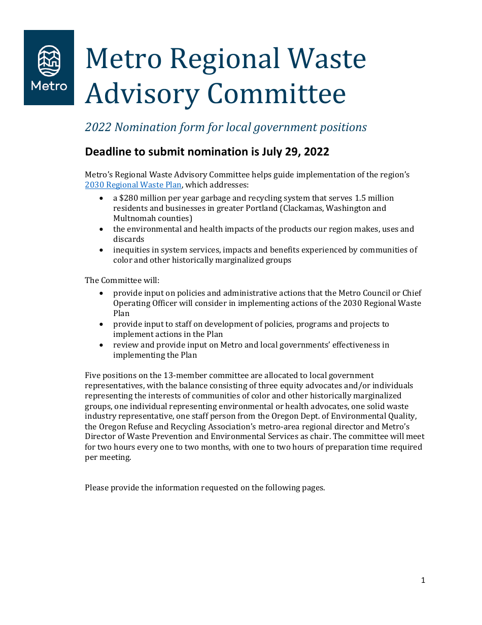 Metro Regional Waste Advisory Committee Nomination Form for Local Government Positions - Oregon, Page 1