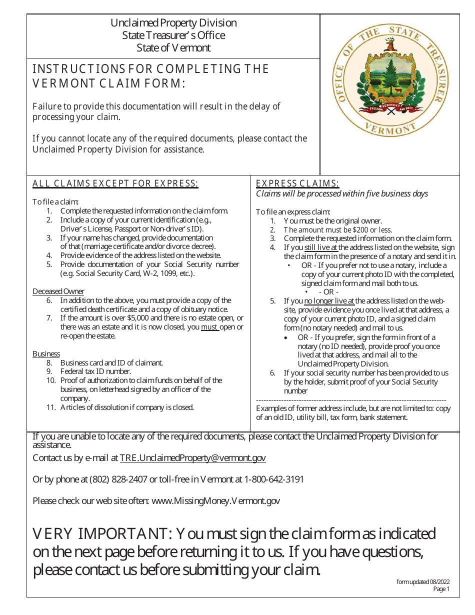 Claim to State of Vermont Property Presumed Unclaimed - Vermont, Page 1